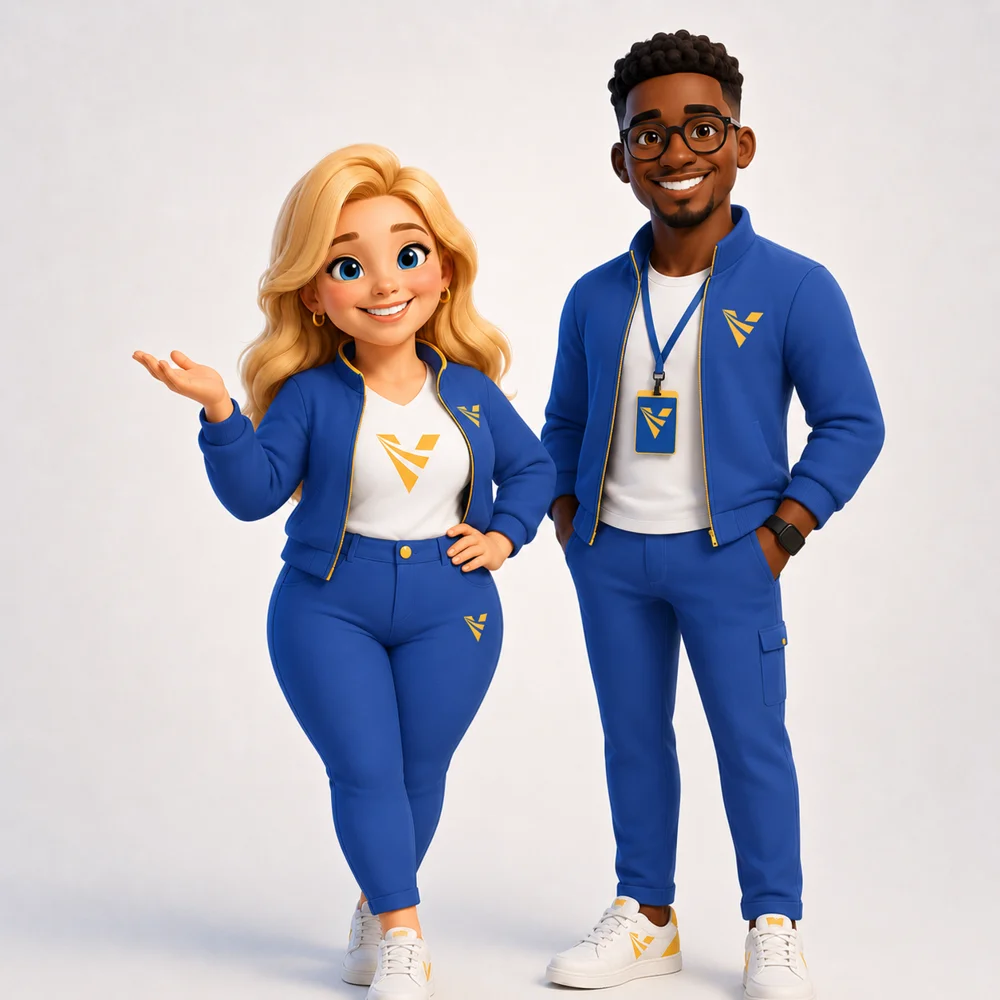 Maria e Beni, os mascotes da BeniRH, com uniforme azul e amarelo do VISSEAPP